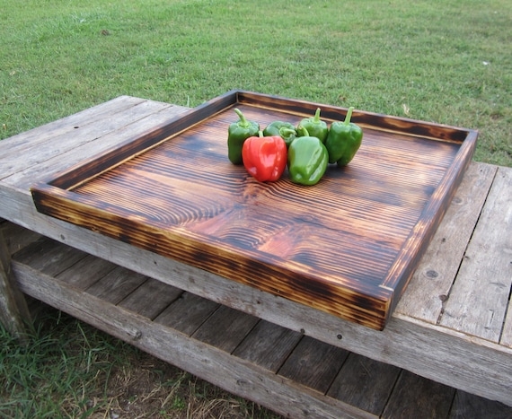 Torched Wood Decorative Tray with Industrial Style Metal Handles