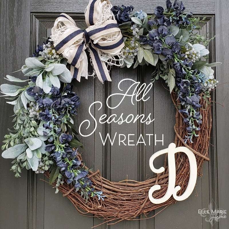 Traditional All Season Wreath on Navy Door with Brass Hardware