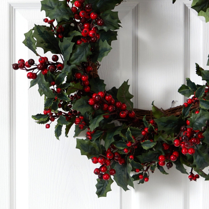 Traditional Christmas Front Door Wreath with Lifelike Foliage and Holly