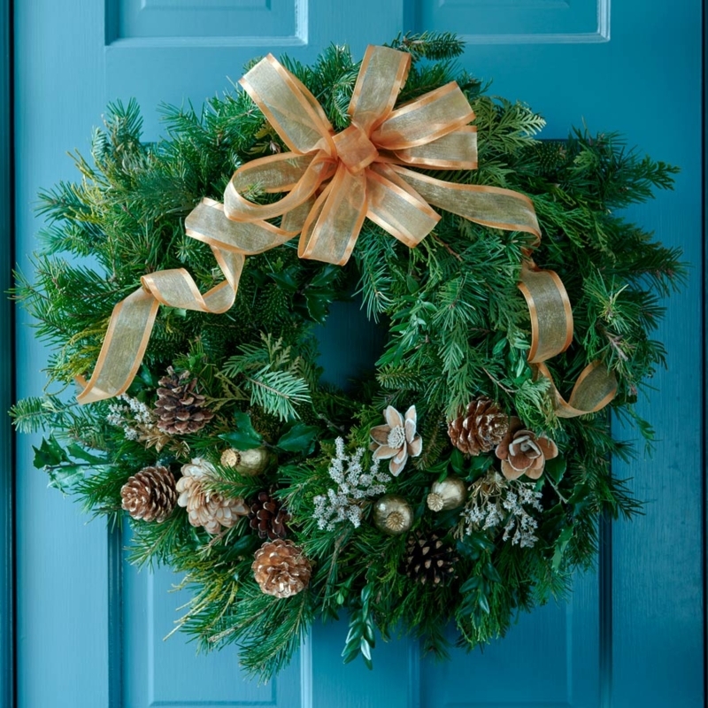 Traditional Christmas Wreath with Natural Pinecones and Berries