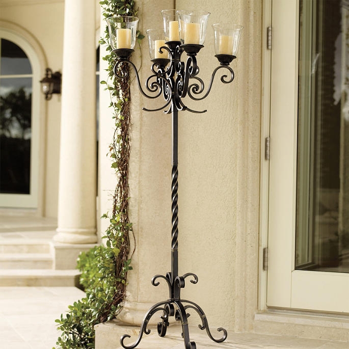 Traditional Dark Bronze Six-Tier Floor Candelabra with Scrolling Arms