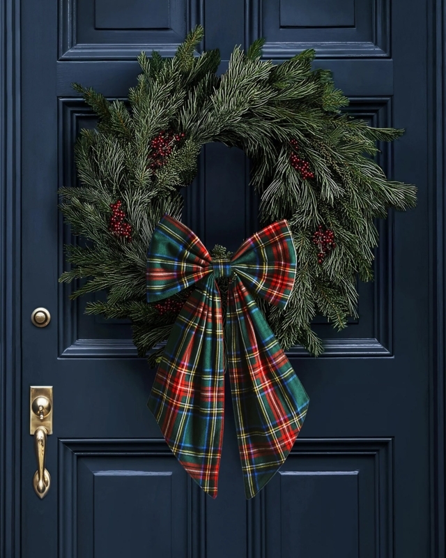 Traditional Evergreen Wreath Navy Tartan Plaid Bow Porch Decor