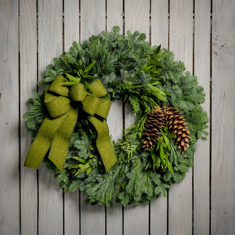 Traditional Holiday Wreath with Mixed Bay Foliage and Sheer Ribbon Accent