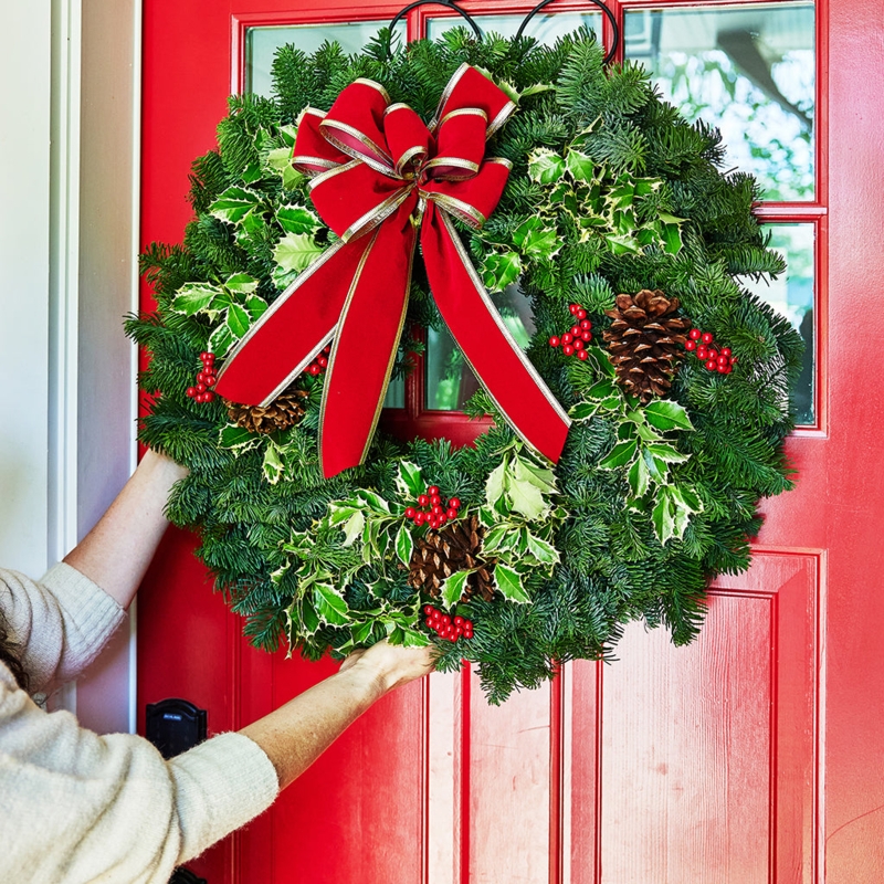 Traditional Holly And Berry Wreath Oversized Red Bow