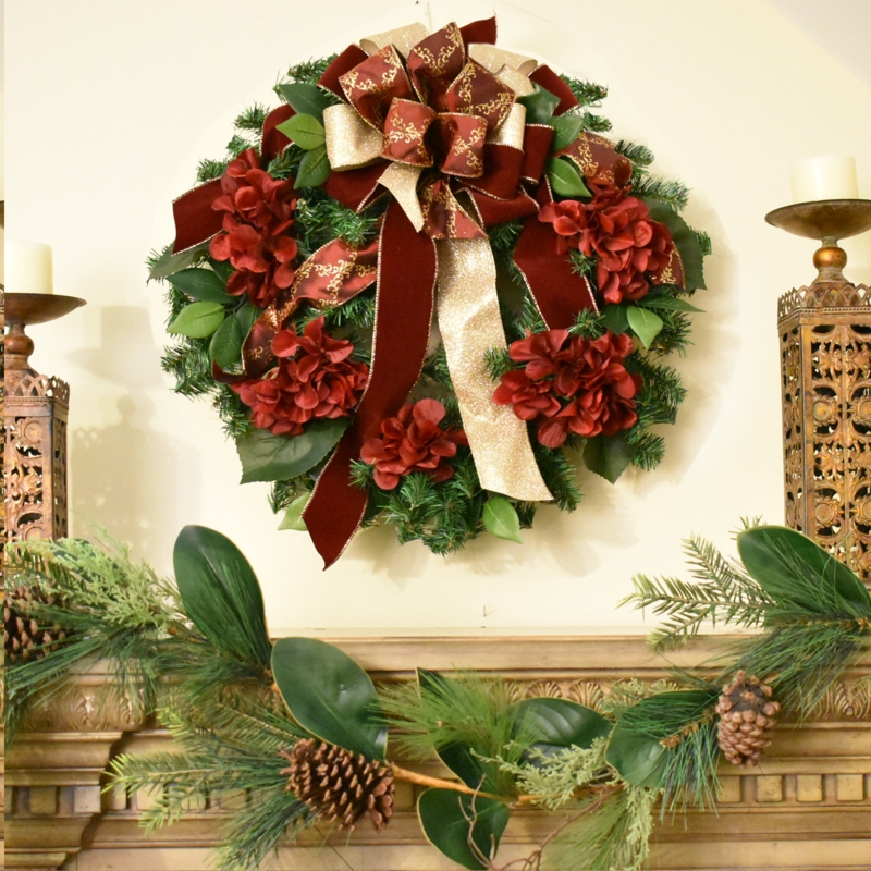 Traditional Pine And Berry Wreath Large Hydrangea Blooms