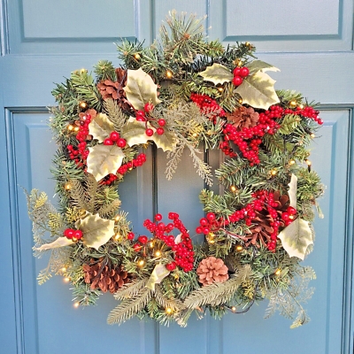 Traditional Pre-Lit Wreath with Holly Berries and Pine Cones