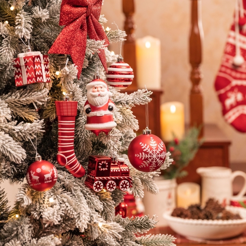Traditional Red and White Christmas Ornaments, Shatterproof Ball Set