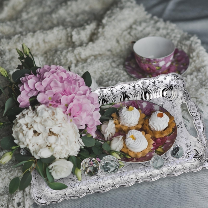 Traditional Scalloped Serving Tray, Silver Embossed Floral Pattern
