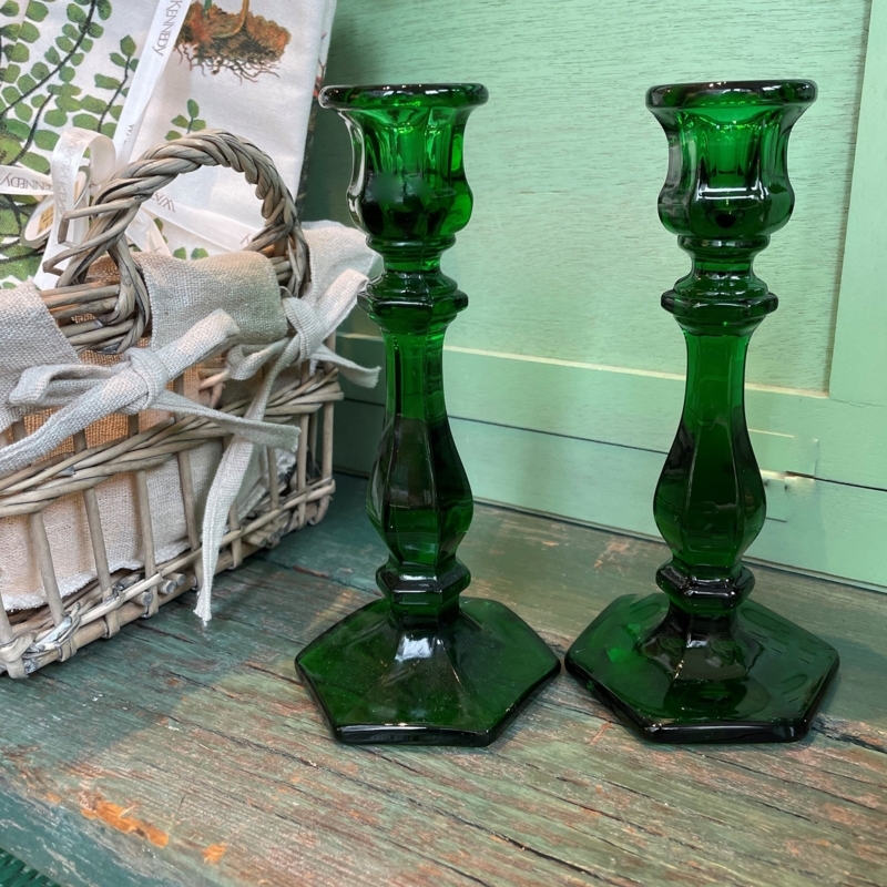 Traditional Turned Glass Candlestick Emerald Green Glossy Finish