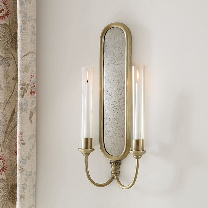 Traditional Wall Sconce, Mirrored Backplate Accent with Candle Sleeve