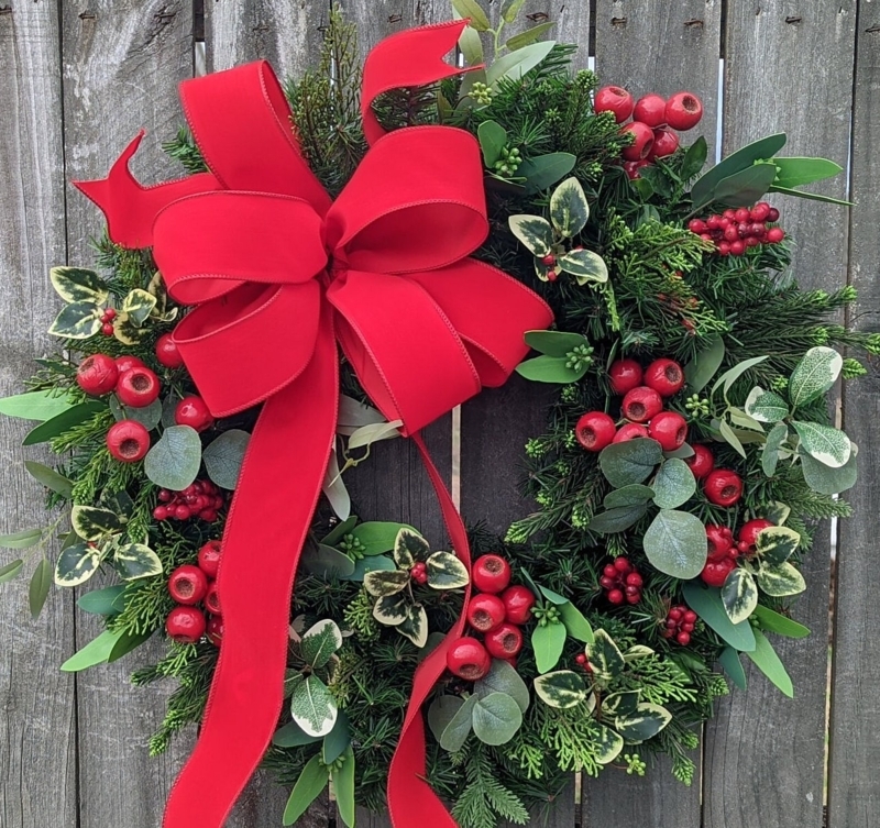 Traditional Wreath with Oversized Red Velvet Bow Mixed Gold Ornaments