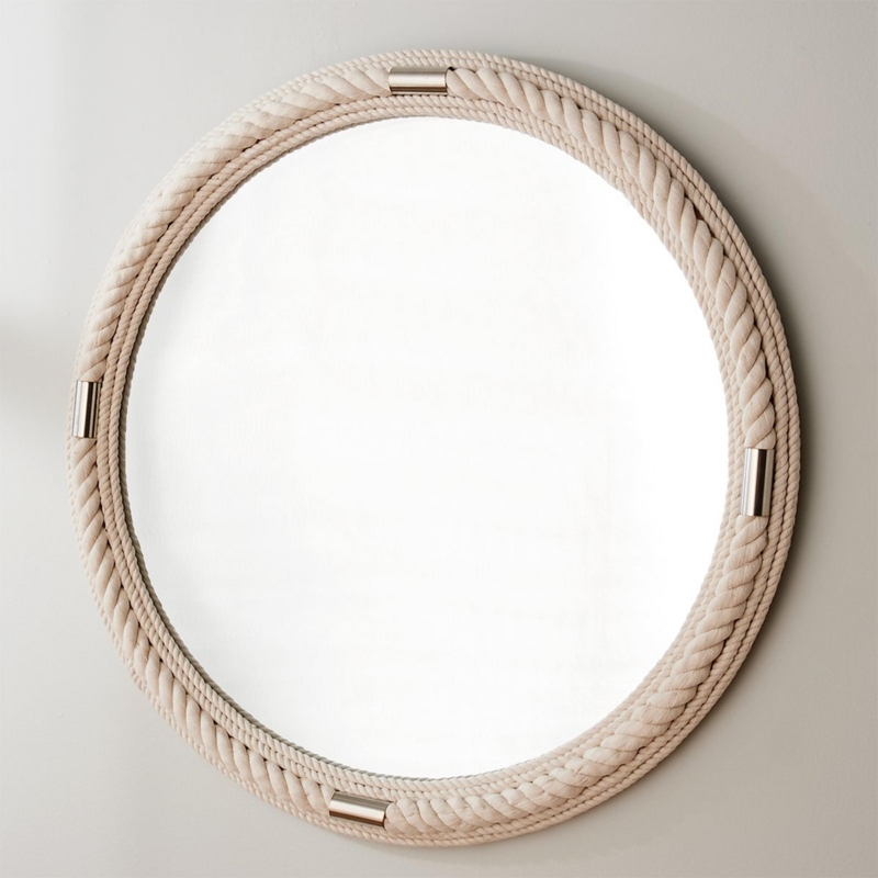 Transitional Round Wall Mirror with Rope Frame and Nickel Clips
