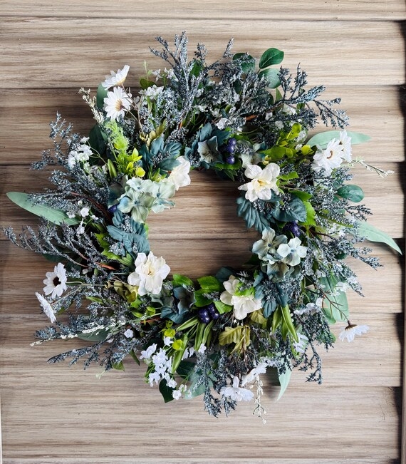 Transitional Wreath featuring Blueberries, Daisies, and Eucalyptus