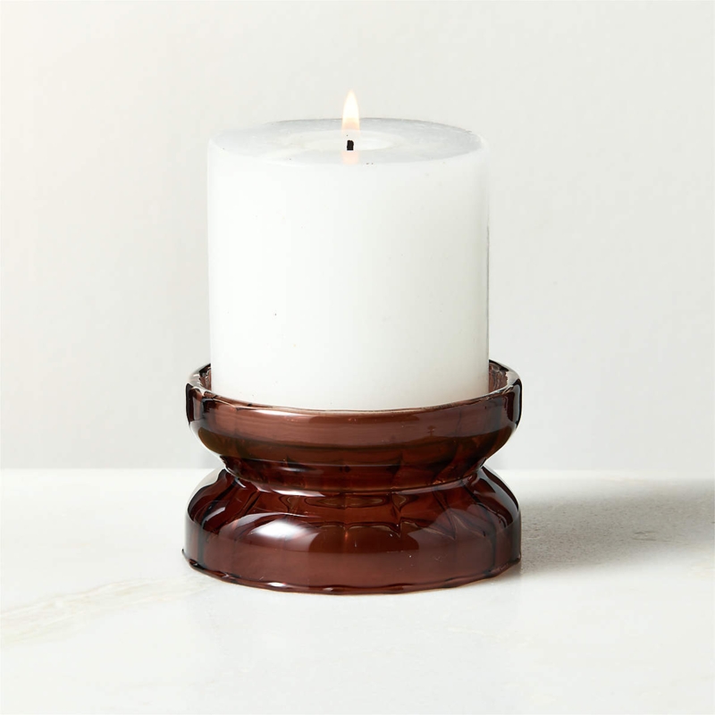 Translucent Amber Glass Pillar Candle Holder for Modern Minimalist Decor.