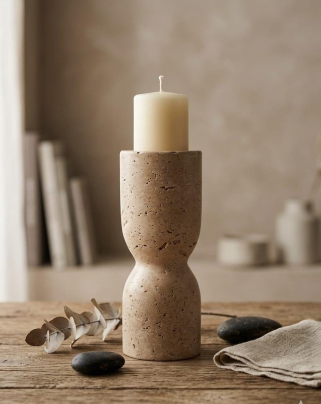 Travertine Candle Holder Pitted Stone Block Matte Beige Porous