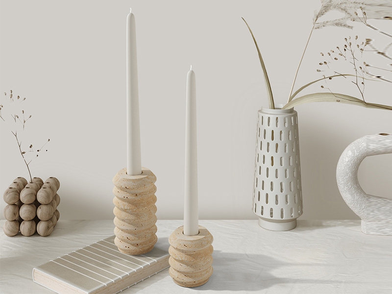 Travertine Candlestick Holder Set, Low Profile Design, Minimalist Decor