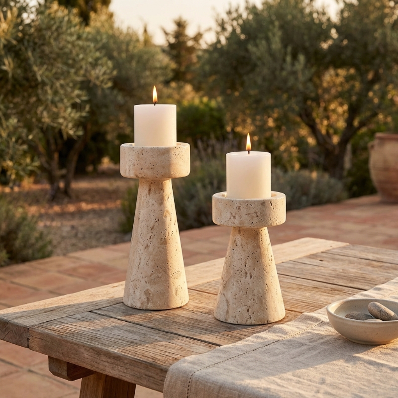 Travertine Pillar Candle Holders Pitted Stone Minimalist Japandi