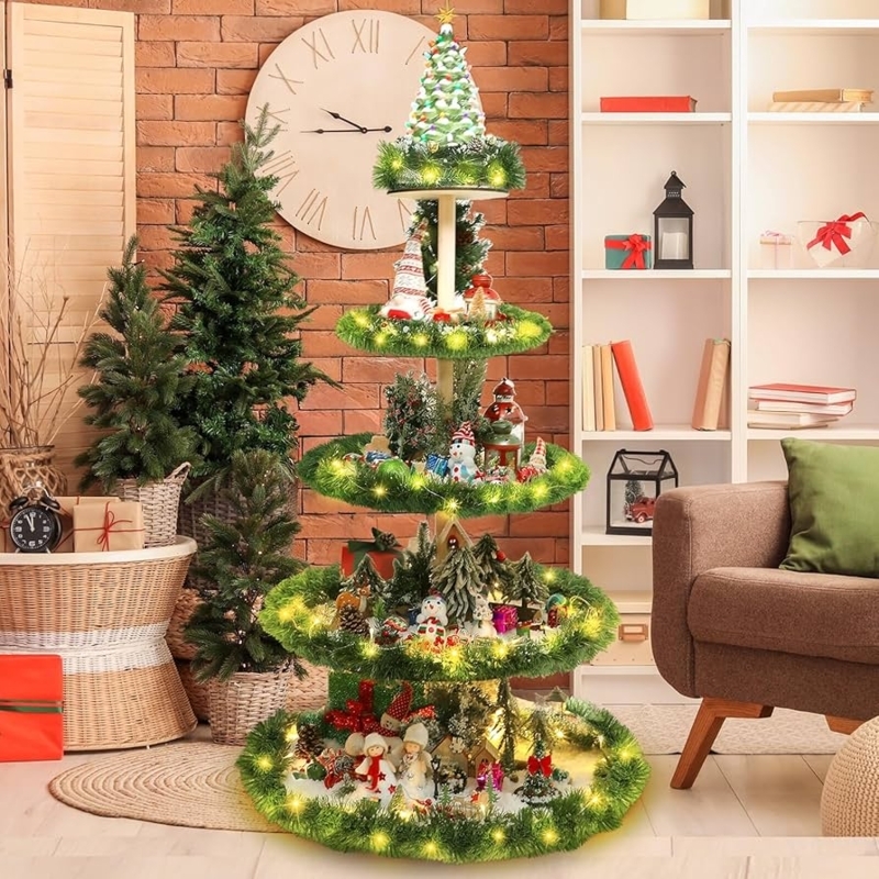 Tree Shaped Shelving Unit for Minimalist Christmas Village Display
