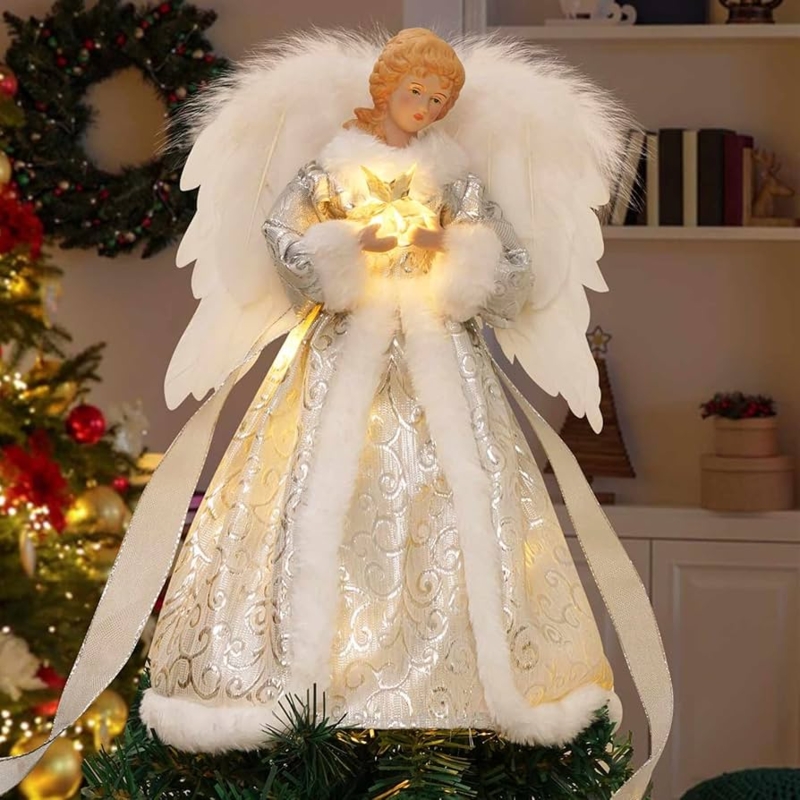 Tree Topper Angel Silhouette Voluminous Feathery Wings Internal Glow