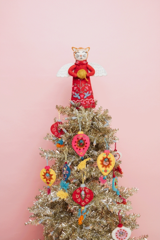 Tree Topper Cat Silhouette Gold Angel Wings Felt Fabric Whimsical