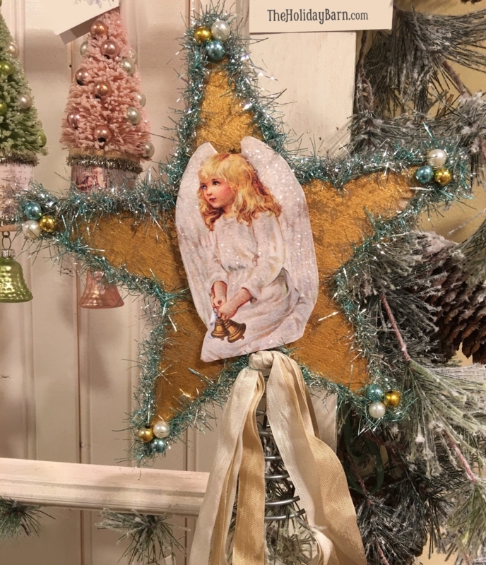 Tree Topper Silver Tinsel Star Central Angel Figure Retro Style
