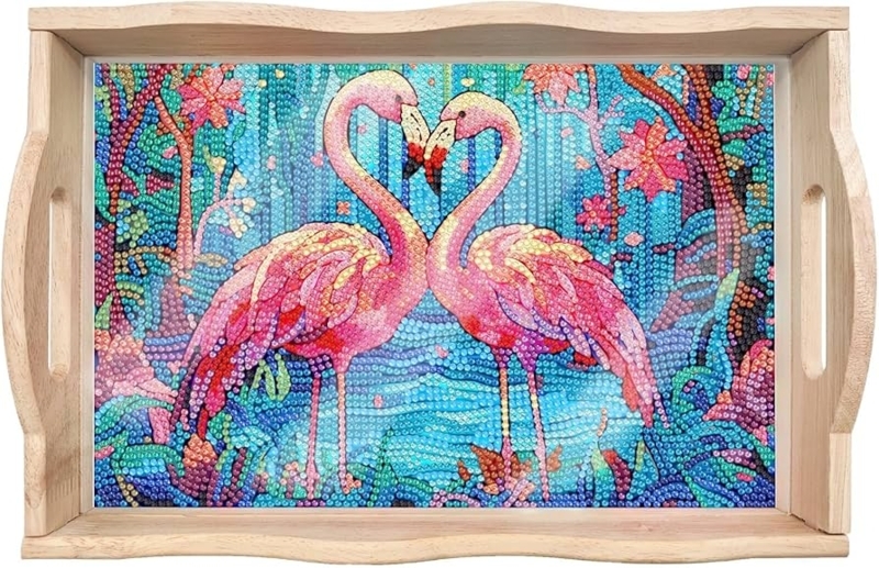 Tropical Flamingo Serving Tray Wood Toned with Handles (60 characters)