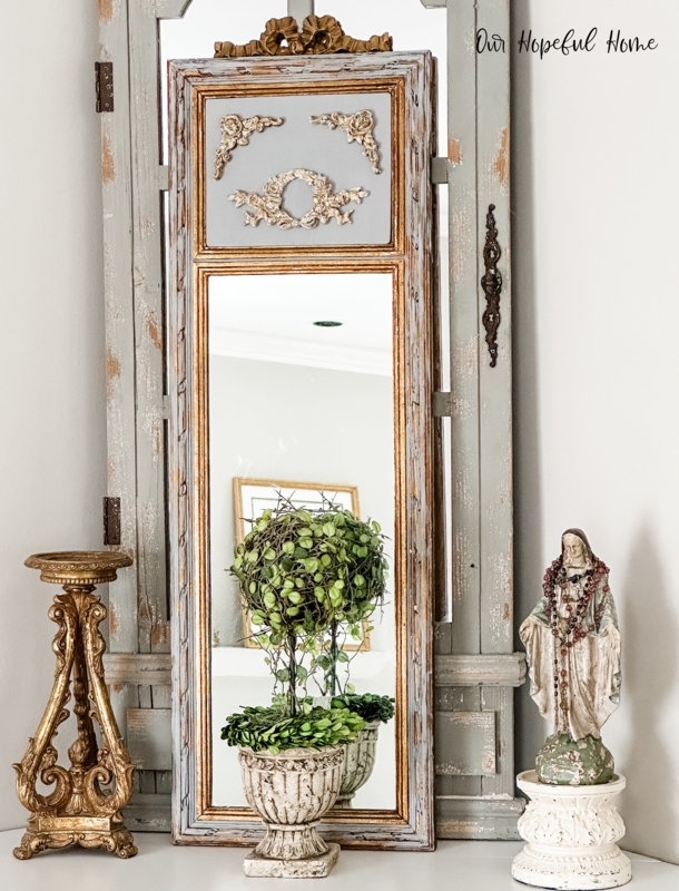Trumeau Mirror: Painted Gray with Carved Landscape Relief Panel