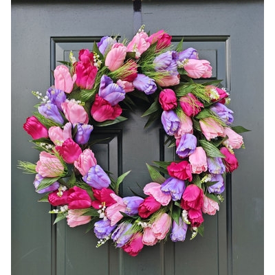 Tulip Wreath, Dense Floral Arrangement with Vibrant Multi-Colored Tulips