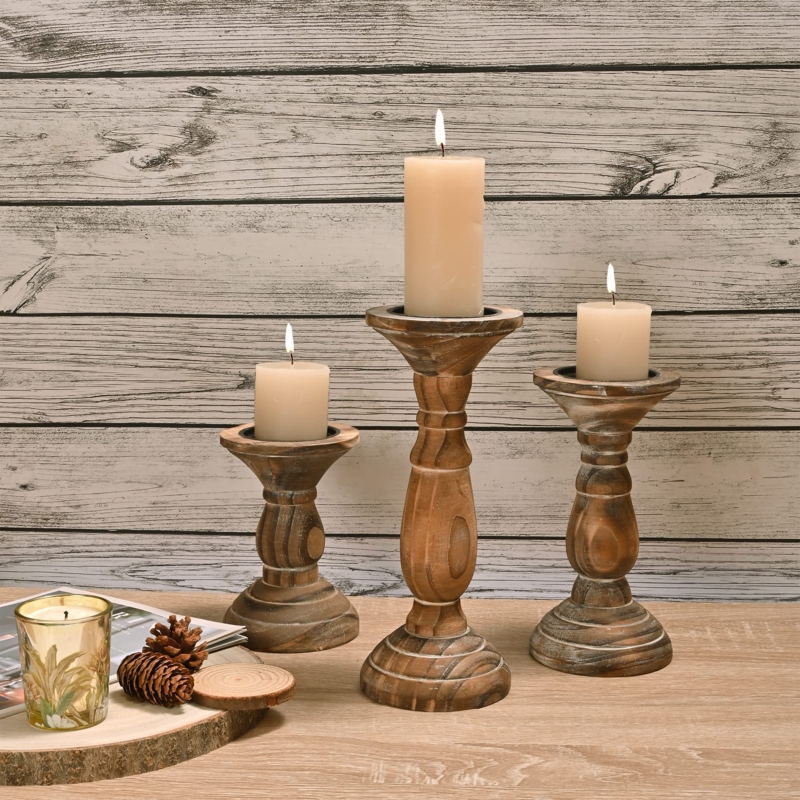 Turned Candle Holder Set, Graduated Heights, Farmhouse Pillar Candle Holders.