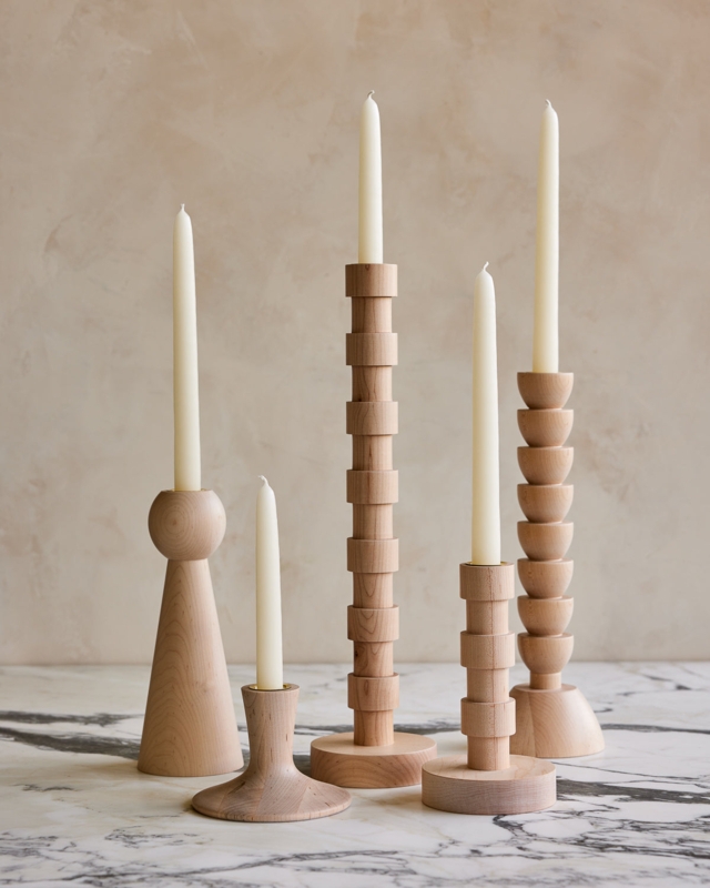 Turned Maple Wood Candle Holder Set, Varying Heights & Metal Rings