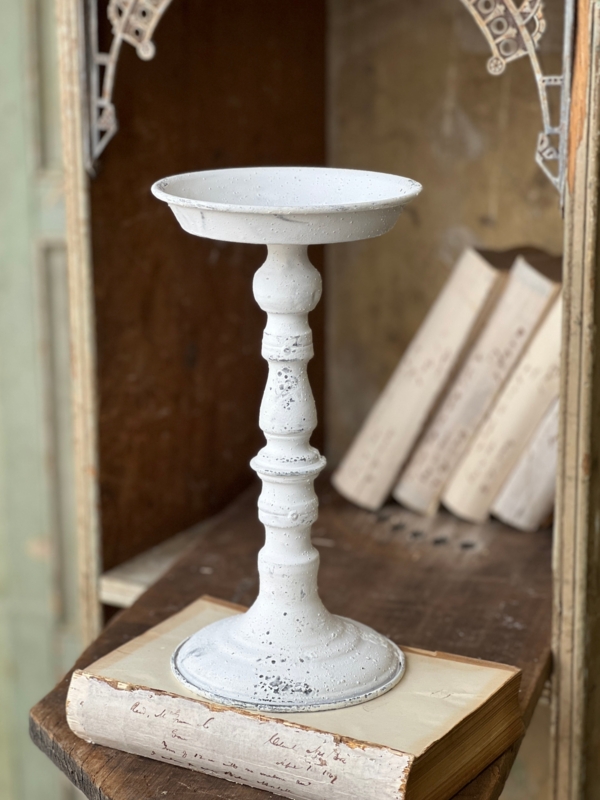 Turned Spindle Candle Holder, Heavily Distressed Cream Mantel Decor