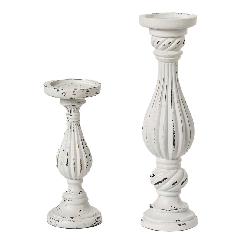 Turned Spindle Pillar Candle Holders: Whitewashed Finish Coastal Set of 2