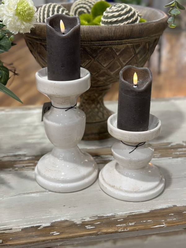 Turned Spindle Pillar Holder Set, Matte Cream Ceramic Farmhouse