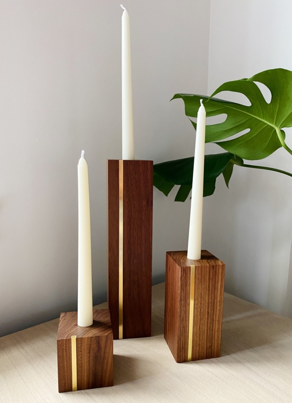 Turned Wood Candlestick Holders with Brass Accents, Mid-Century Set