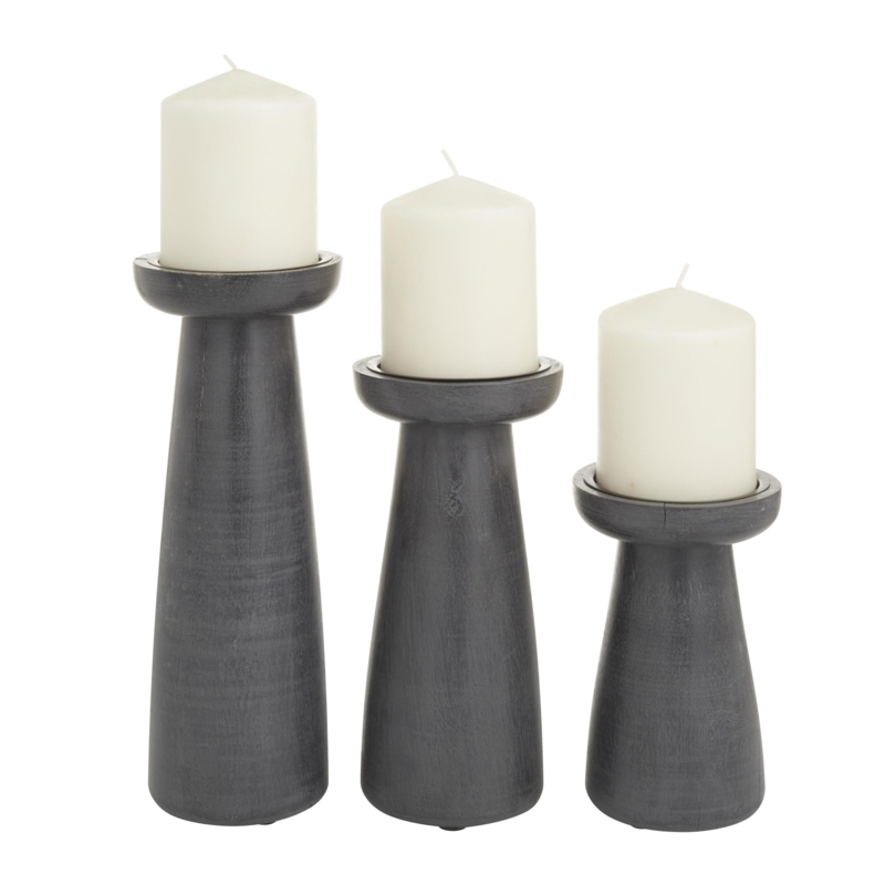 Turned Wood Pillar Candle Holder Set Graduated Charcoal Minimalist Accents