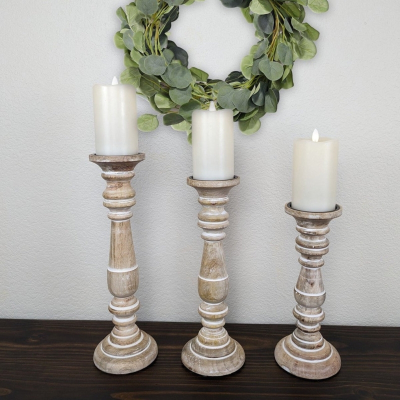 Turned Wood Pillar Candle Holders Natural Set Farmhouse
