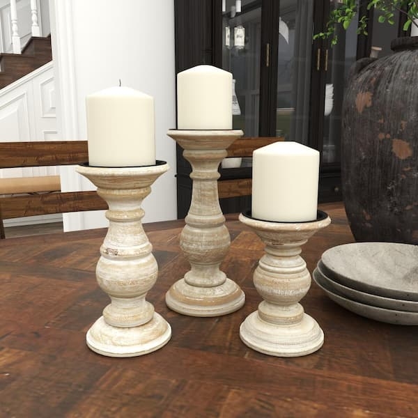 Turned Wood Pillar Holder Set, Distressed Cream Farmhouse Decor