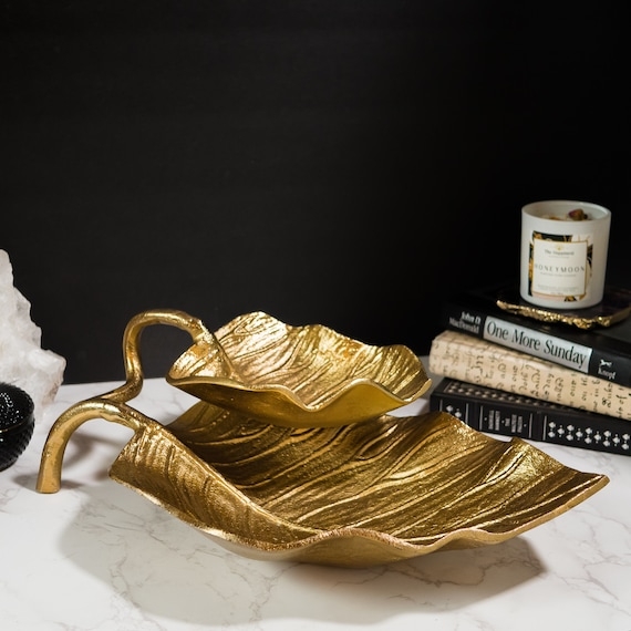 Two Tiered Tray Gold Leaf Shape Polished Finish Ring Handle Organic