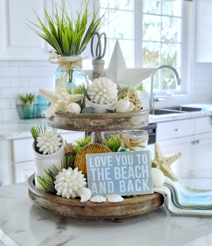 Two-Tiered Tray with Beaded Garland, Coastal Themed Tiered Tray Decor