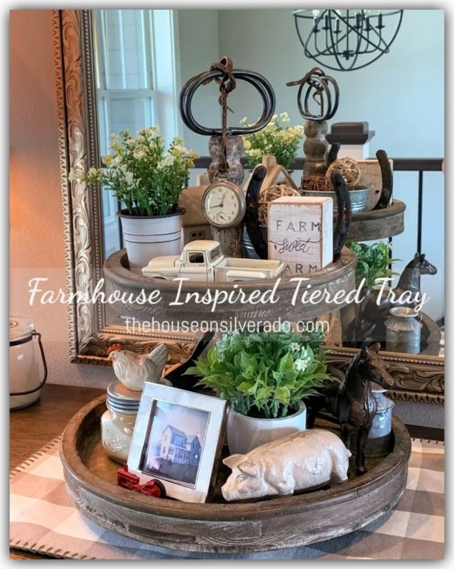 Two-Tiered Tray with Wood Tiers and Metal Ring Handle, Farmhouse Style