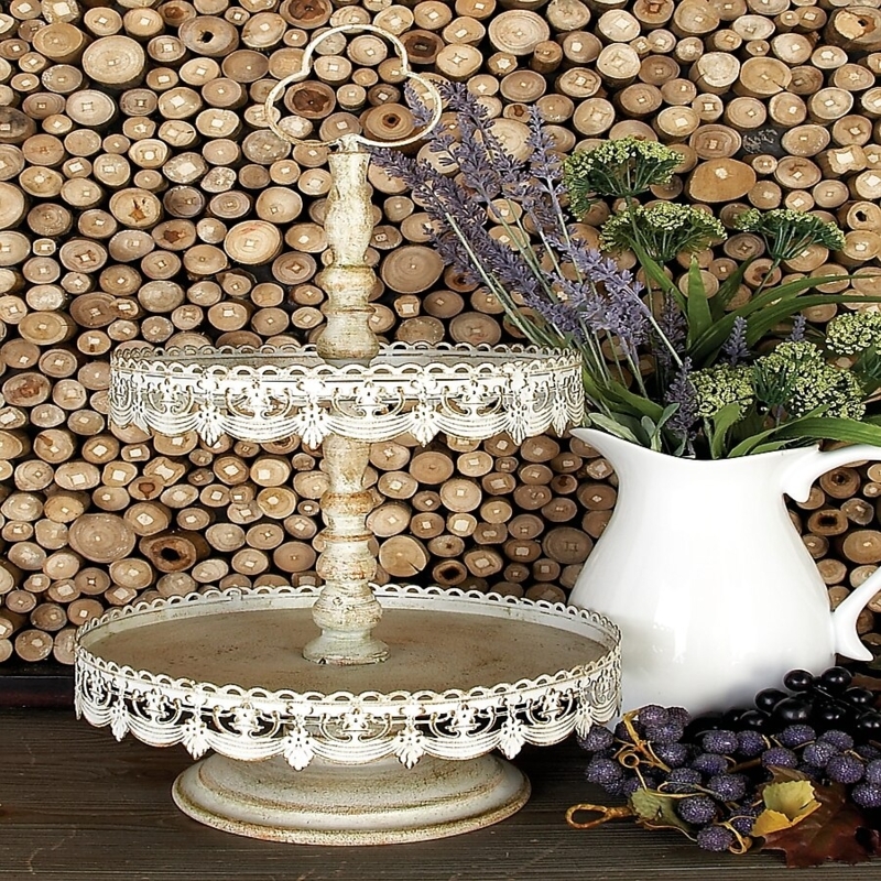 Two-Tiered White Metal Tray Stand, Scrolled Edges & Ring Handle, Shabby Chic