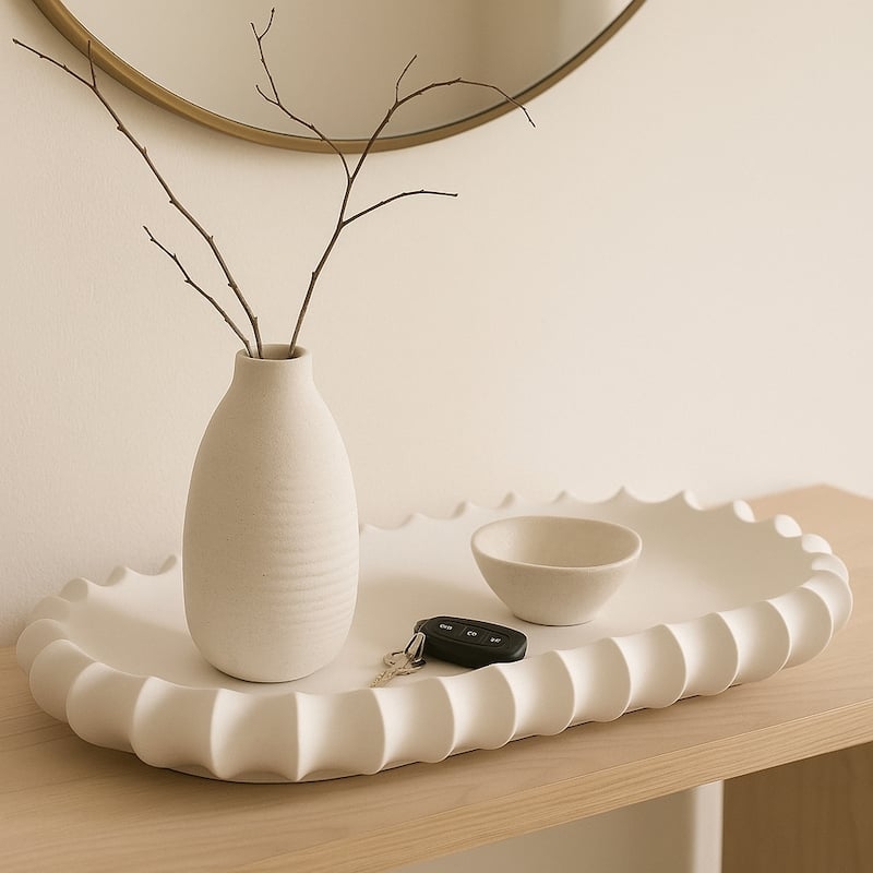 Undulating Rim Ceramic Tray, Sculpted Edge Centerpiece Tray