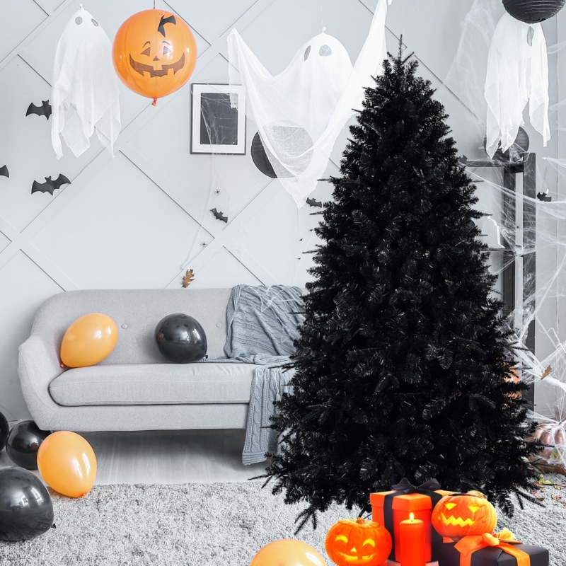 Unlit Black Christmas Tree Full Profile Solid Color Gothic Style