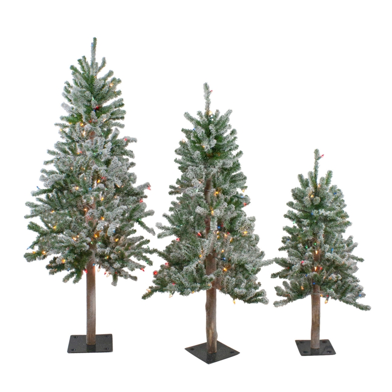 Unlit Flocked Slim Christmas Trees: Alpine Trio with Wooden Trunks.