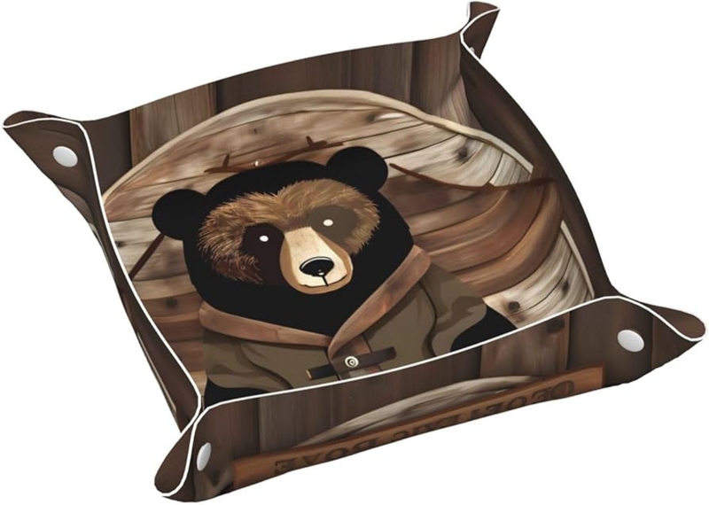 Valet Tray in Leather-Like Material with Embossed Bear Design and Snaps