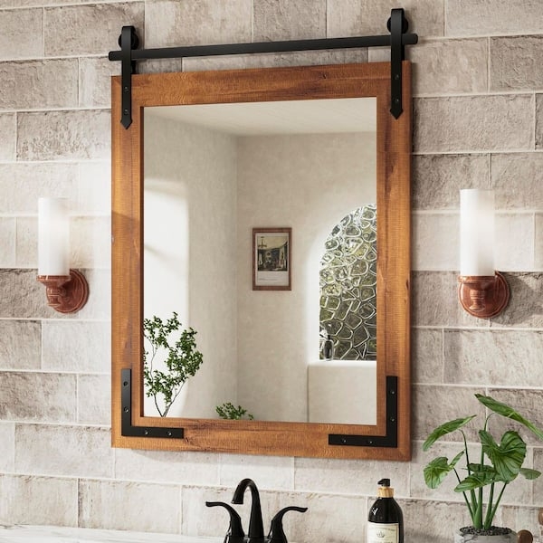 Vanity Mirror Farmhouse Barn Door X-Brace Detail Brown Wood