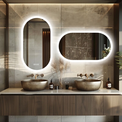 Vanity Mirror Oval Backlit against Fluted Wall Paneling