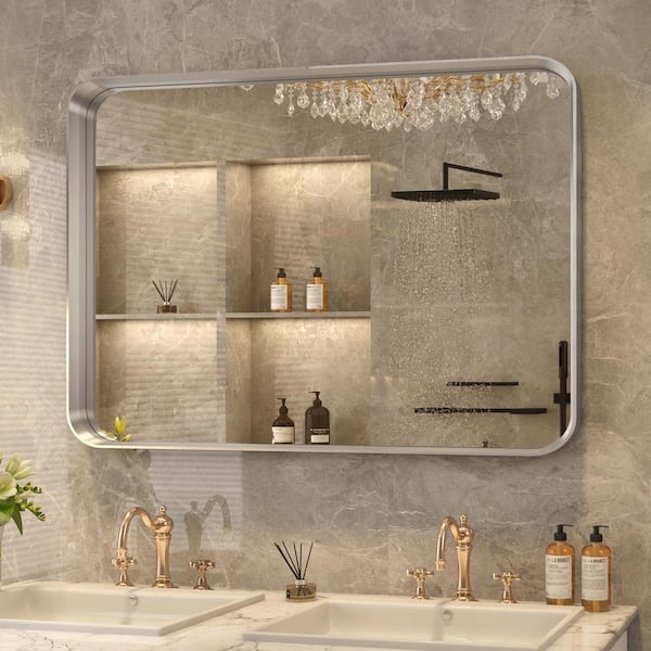 Vanity Mirror Rounded Corners Black Aluminum Frame Extra Wide Modern