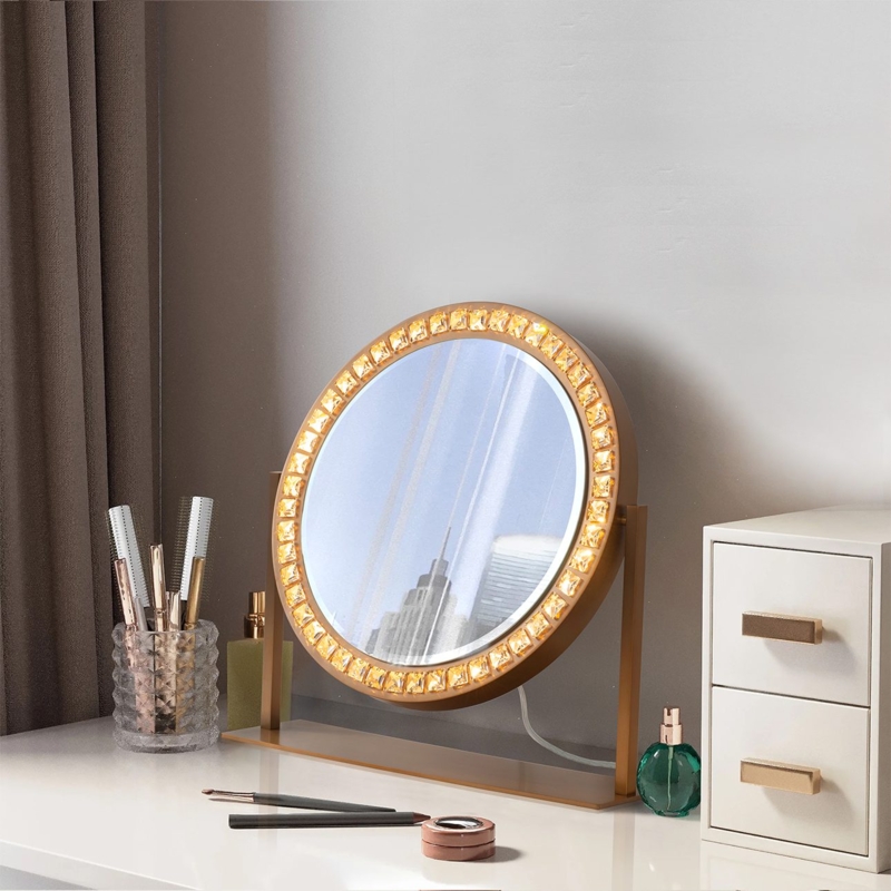 Vanity Mirror Weathered Brass Finish Integrated LED Ring Pedestal Base