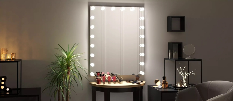 Vanity Mirror White Frame Rounded Corners Integrated Globe Bulbs